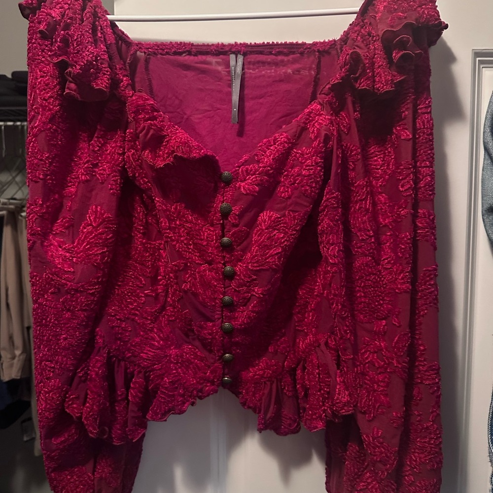 Anthropologie Red Puff Sleeve Ruffled Blouse